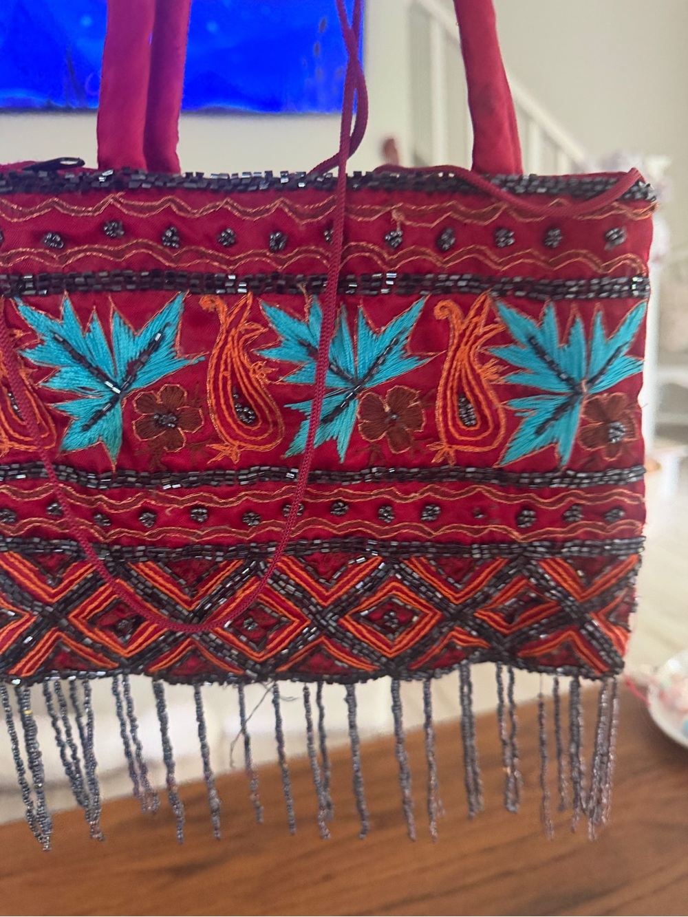 Embroidered Red Boho Women's Tote Bag
